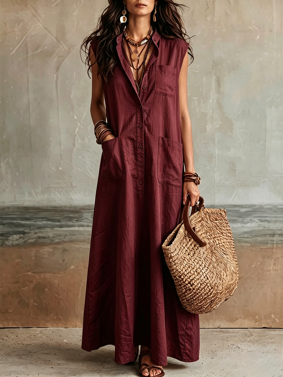Loose Sleeveless Buttoned Pockets Solid Color Lapel Maxi Dresses