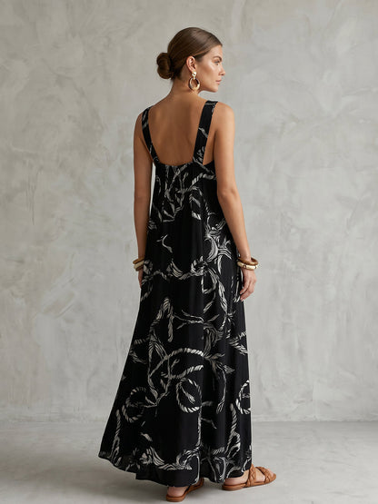 A-Line Loose Backless Contrast Color Drawstring Printed Spaghetti-Neck Midi Dresses
