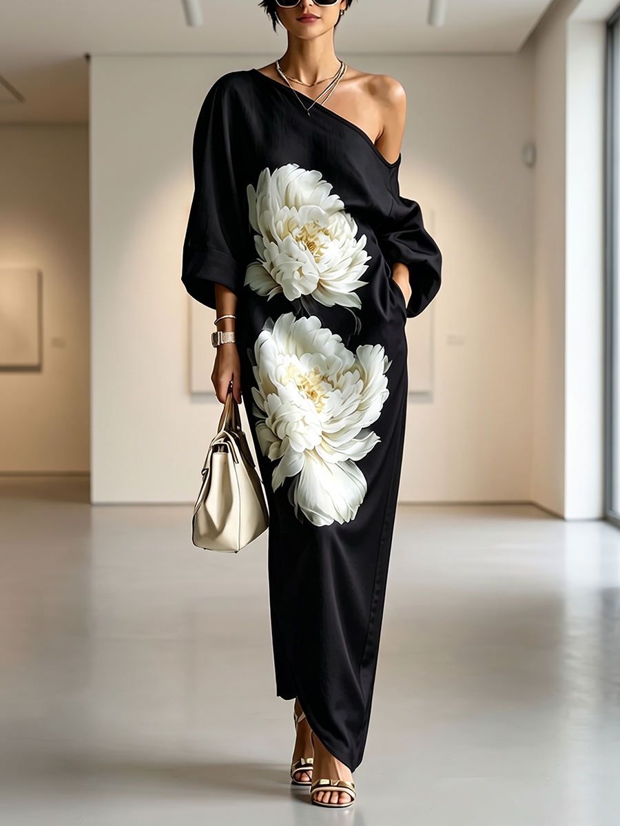 Pockets Flower Print Asymmetric Three-quarter Sleeves Loose One-shoulder Maxi Dresses