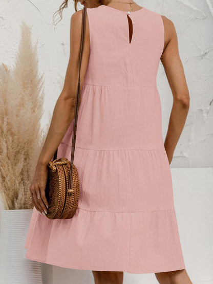 A-Line Loose Pleated Solid Color Tiered Round-Neck Mini Dresses