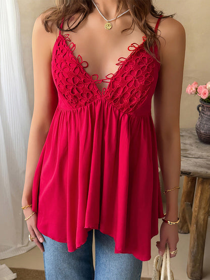 Loose Sleeveless Jacquard Pleated Solid Color Spaghetti-Neck Tank Top