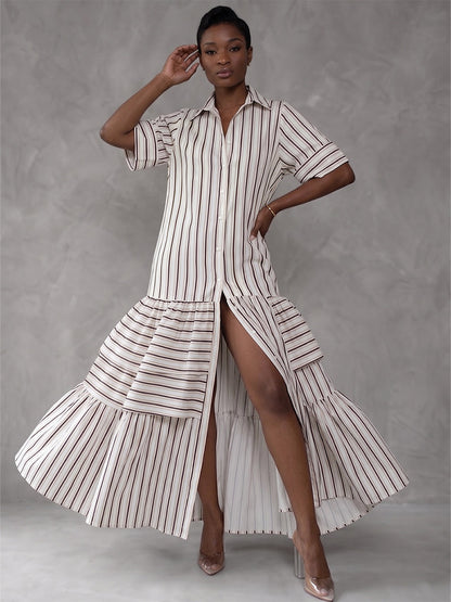 Half Sleeves Loose Buttoned Contrast Color Pleated Split-Joint Striped Lapel Maxi Dresses Shirt Dress
