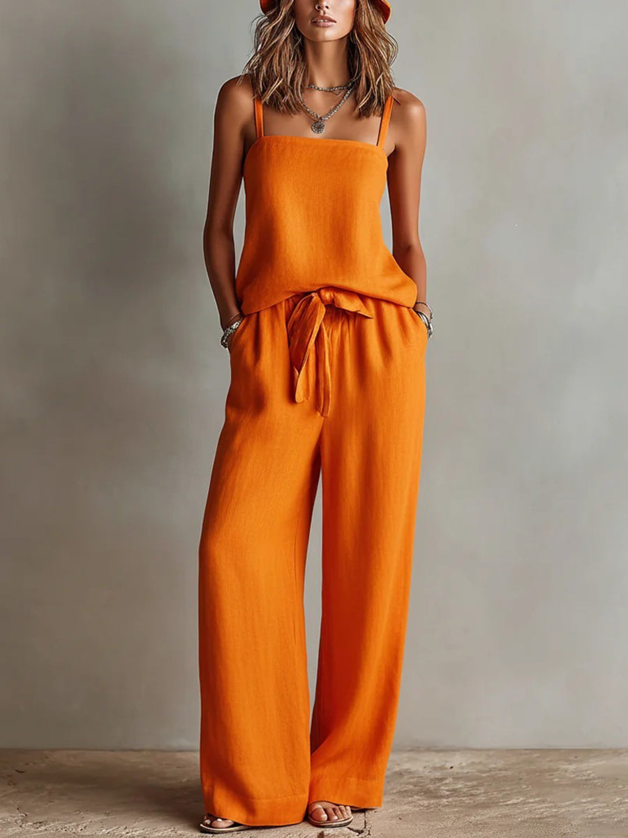 Loose Plus Size Pockets Solid Color Tied Spaghetti-Neck Vest Top + Pants Bottom Two Pieces Set