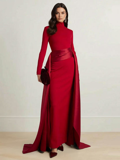 Bodycon Elasticated Waist Asymmetric Solid Color Split-Joint High Neck Maxi Dresses