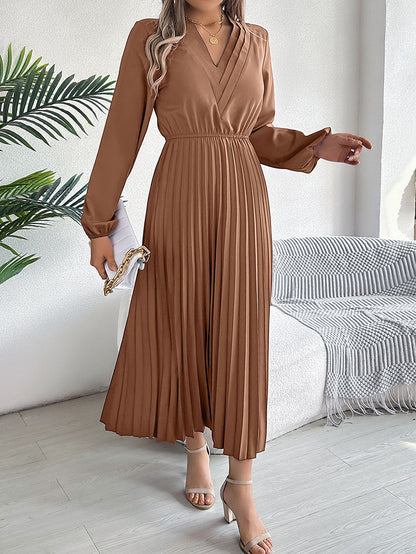 A-Line High Waisted Elasticity Pleated Solid Color V-Neck Maxi Dresses