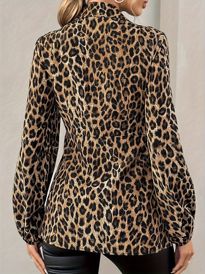 Long Sleeves Knot Leopard Lapel Blouses&Shirts Tops