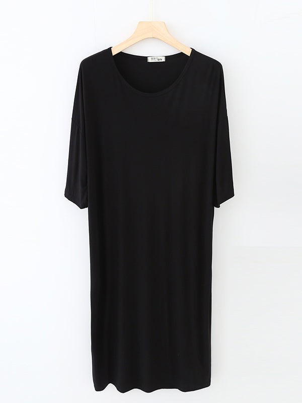 High Waisted Loose Solid Color Split-Joint Round-Neck Pajama Dress