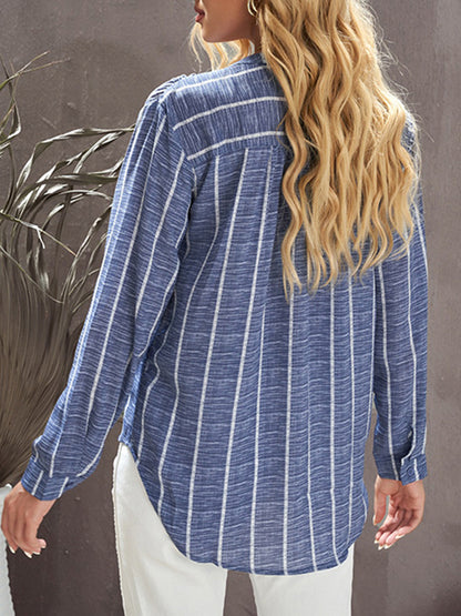Long Sleeves Loose Buttoned Pockets Striped V-Neck Blouses&Shirts Tops