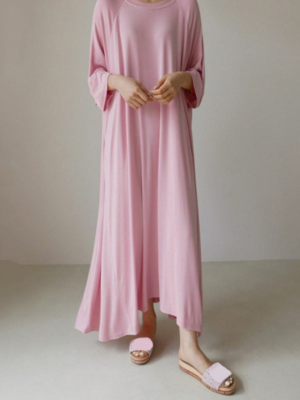 Loose Three-Quarter Sleeves Solid Color Round-Neck Maxi Dresses