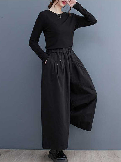 Loose Wide Leg Elasticity Embroidered Pleated Ninth Pants Trousers