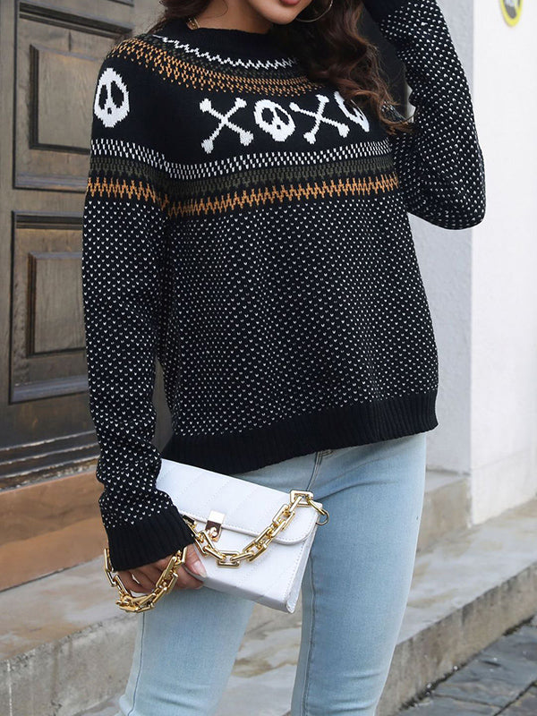 Long Sleeves Loose Contrast Color Printed Round-Neck Knitwear Pullovers Sweater Tops
