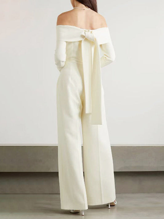 High Waisted Long Sleeves Pleated Solid Color Split-Joint Tied Off-The-Shoulder Jumpsuits