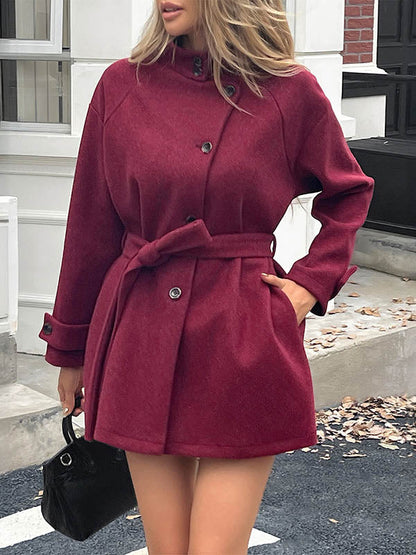 Long Sleeves Loose Buttoned Solid Color Split-Joint Tied Waist Stand Collar Coats Outerwear