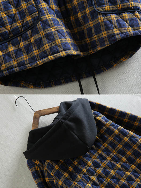 Vintage Loose Plaid Quilted Hooded Padded Coat