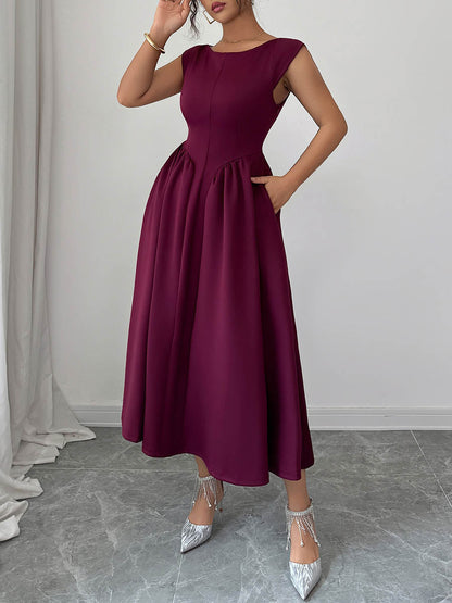 A-Line High Waisted Backless Pleated Pockets Solid Color Boat Neck Midi Dresses
