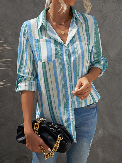 High-Low Long Sleeves Buttoned Pockets Striped Lapel Blouses&Shirts Tops