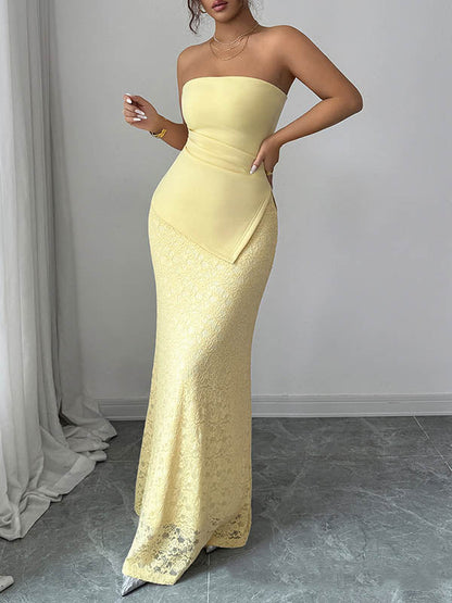 Bodycon Irregularity Lacy Pleated Solid Color Split-Joint Tube Maxi Dresses