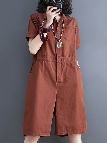 Simple Solid Color Lapel Short Sleeve Jumpsuits