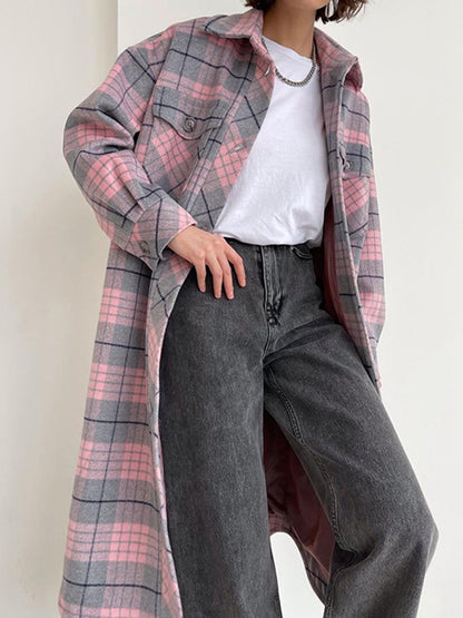 Long Sleeves Loose Plaid Pockets Lapel Woolen Coat
