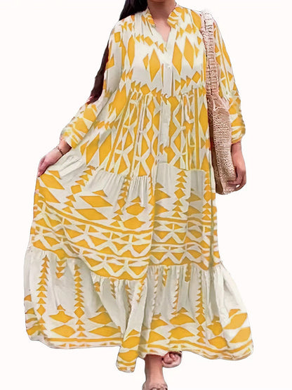 A-Line Long Sleeves Buttoned Contrast Color Pleated Printed Split-Joint Stand Collar Maxi Dresses Shirt Dress