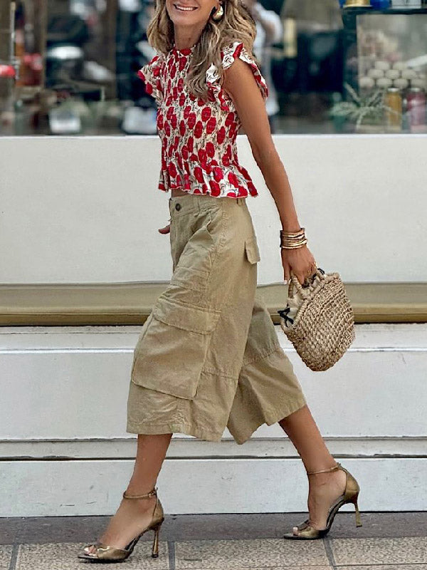 Loose Wide Leg Buttoned Pockets Solid Color Split-Joint Capri-Pants Cropped Trousers