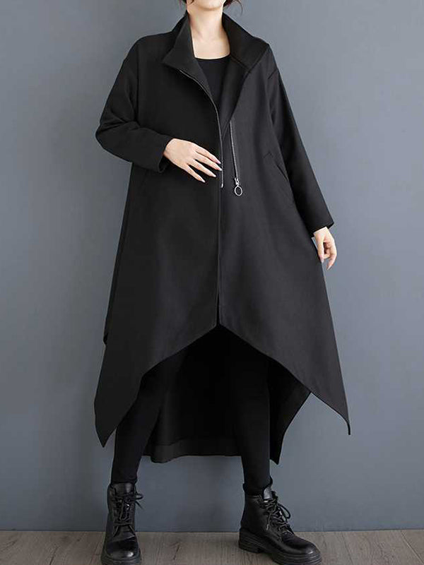 High-low Long Sleeves Pockets Solid Color Split-Joint Zipper Stand Collar Outerwear