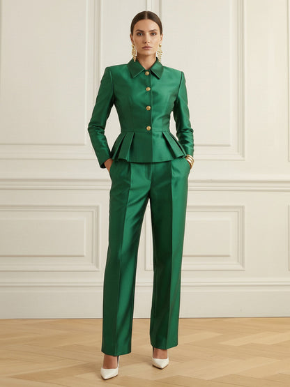 Elasticated Waist High Waisted Buttoned Contrast Color Ruffled Split-Joint Lapel Blazer Blouses&Shirts Tops