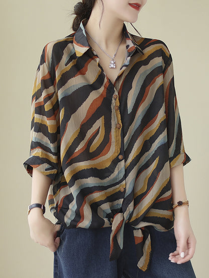 Long Sleeves Loose Buttoned Tied Zebra-Stripe Lapel Blouses&Shirts Tops