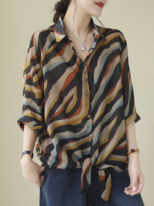 Long Sleeves Loose Buttoned Tied Zebra-Stripe Lapel Blouses&Shirts Tops