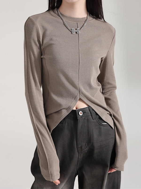 Long Sleeves Skinny Solid Color Split-Front Round-Neck T-Shirts Tops