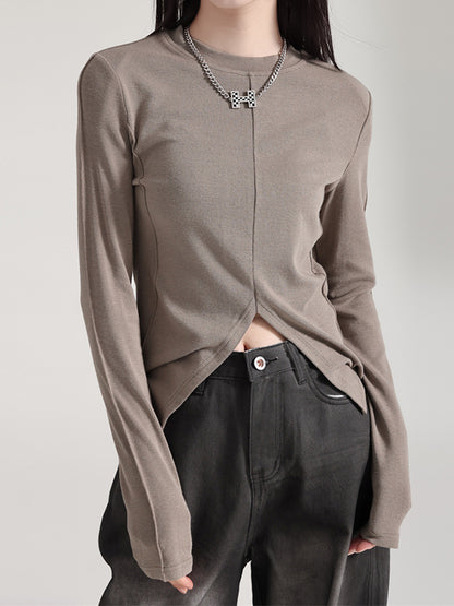 Long Sleeves Skinny Solid Color Split-Front Round-Neck T-Shirts Tops