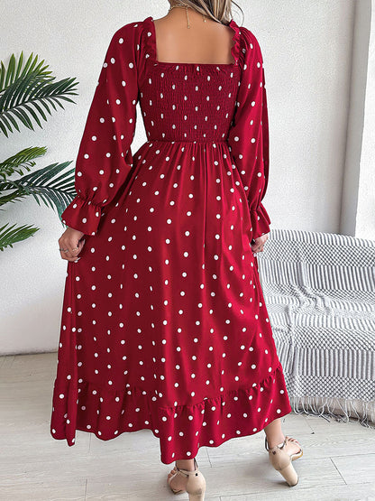 High Waisted Long Sleeves Pleated Polka Dot Ruffled Square-Neck Maxi Dresses Shirt Dress