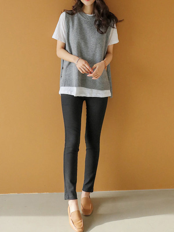 Simple Sleeveless Loose Buttoned Solid Color Round-Neck Sweater Vest Outerwear