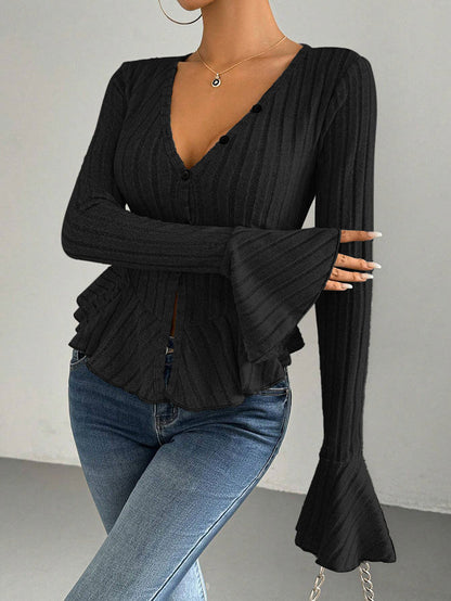 Flared Sleeves Long Sleeves Buttoned Ruffled Solid Color Split-Joint Deep V-Neck T-Shirts Tops