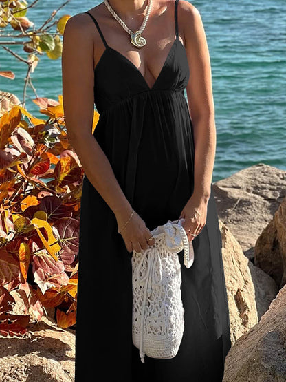 Solid Color Pleated Elasticity Backless Sleeveless High Waisted Spaghetti-Neck Midi Dresses
