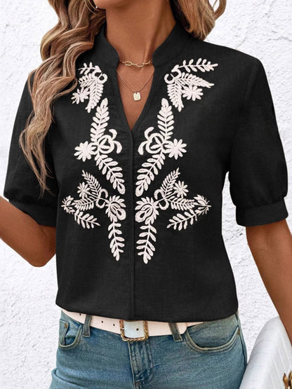 Loose Short Sleeves Flower-Embellished Contrast Color Split-Joint Stand Collar Blouses&Shirts Tops