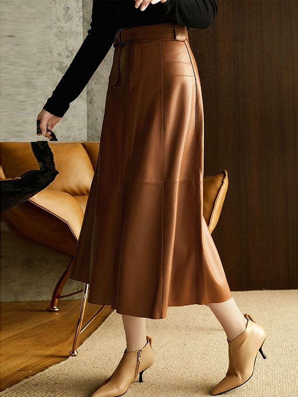 A-Line High Waisted Belted Buttoned Pockets Solid Color Split-Joint Zipper Skirts Bottoms