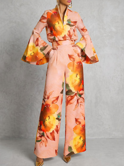 Pockets Flower Print Elasticity Contrast Color Wide Leg High Waisted Trousers Pants