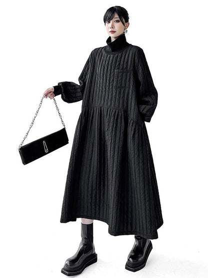 A-Line Long Sleeves Embossed Pockets Quilted Solid Color Split-Joint High Neck Midi Dresses Sweater Dresses