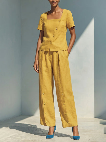 Loose Short Sleeves Buttoned Solid Color Square-Neck Blouses&Shirts Tops