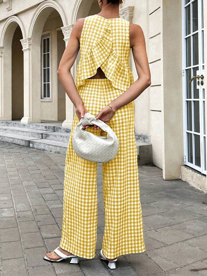 A-Line Loose Plaid Pleated Split-Joint Round-Neck Vest Top + Pants Bottom Suits