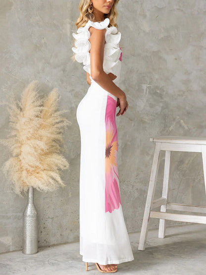 Bodycon Sleeveless Contrast Color Flower Print Hollow Three-Dimensional Flower One-Shoulder Midi Dresses