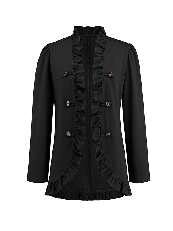 Long Sleeves Loose Buttoned Ruffled Collarless Outerwear