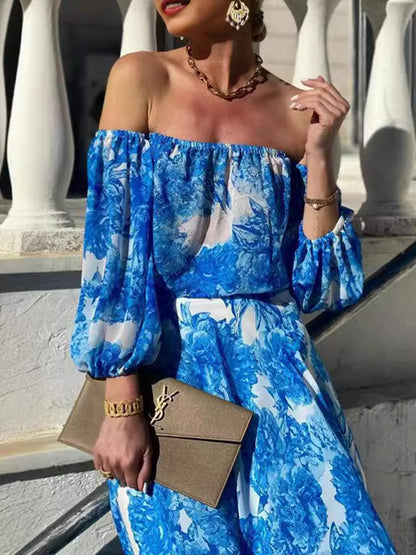 Long Sleeves Puff Sleeves Contrast Color High-Waisted Pleated Printed Split-Joint Off-The-Shoulder Maxi Dresses