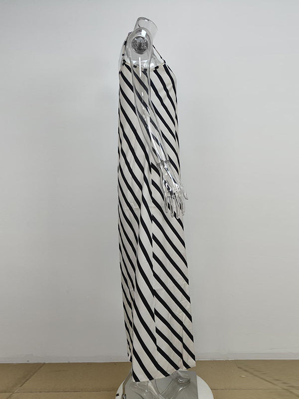 High Waisted Loose Striped Spaghetti-Neck Maxi Dresses