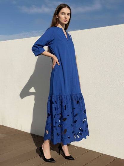 A-Line Long Sleeves Hollow Pleated Solid Color Split-Joint V-Neck Maxi Dresses