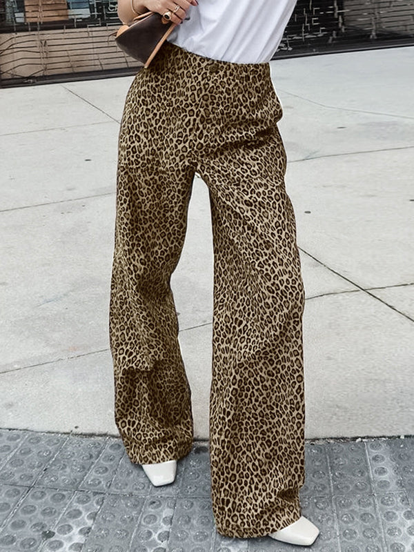 High Waisted Loose Leopard Printed Split-Joint Pants Trousers