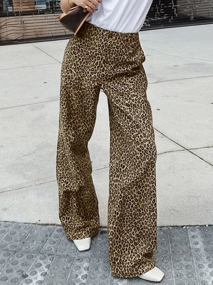 High Waisted Loose Leopard Printed Split-Joint Pants Trousers