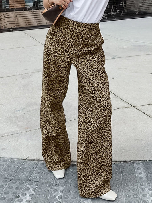 High Waisted Loose Leopard Printed Split-Joint Pants Trousers