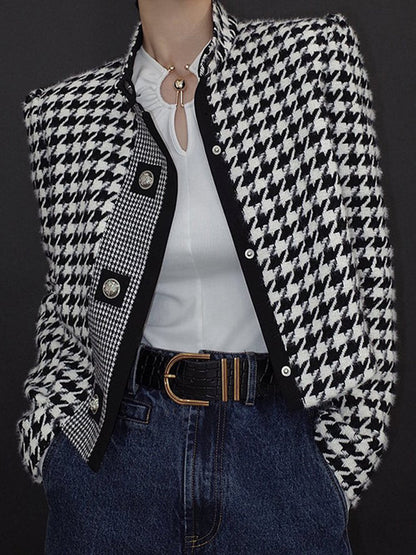Long Sleeves Loose Buttoned Contrast Color Houndstooth Printed Stand Collar Jackets Outerwear